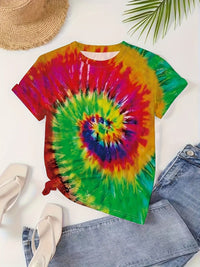 Round Neck Women's Cotton-like Short-sleeved Tie-dye T-shirt - Chic Angle