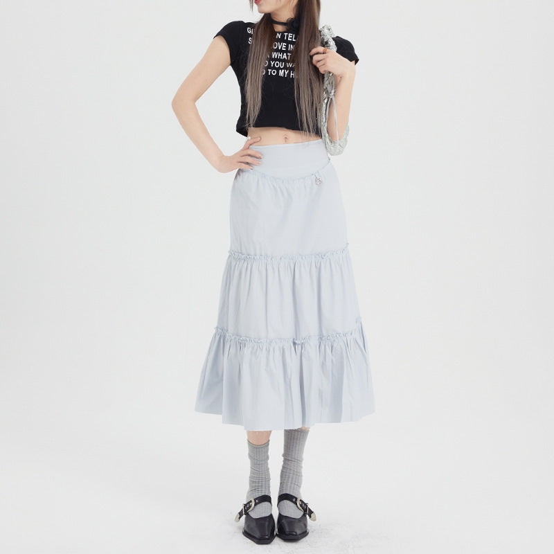 Ice Blue Pleated A- Line Ruffled Tiered Skirt