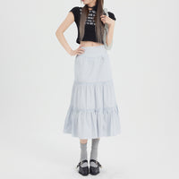 Ice Blue Pleated A- Line Ruffled Tiered Skirt
