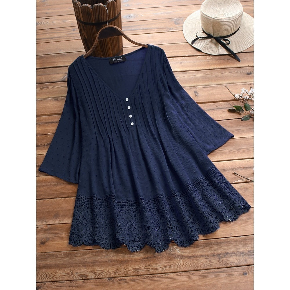 Women's Jacquard Pleated Lace Hollow Out V-neck Shirt - Chic Angle