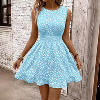 Women's Fashion Round Neck Sleeveless Waist Trimming Printing Dress