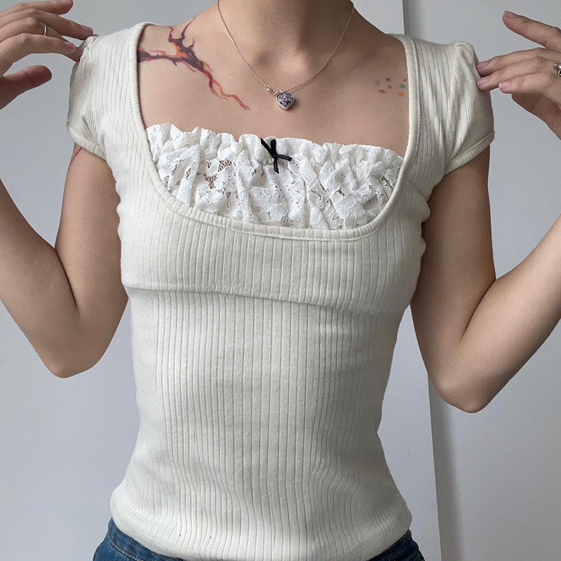 French Square Collar Lace Bow Shoulder Slimming T-shirt