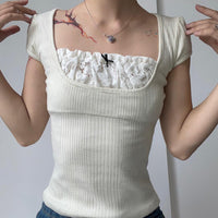French Square Collar Lace Bow Shoulder Slimming T-shirt