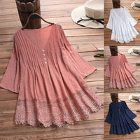 Women's Jacquard Pleated Lace Hollow Out V-neck Shirt - Chic Angle