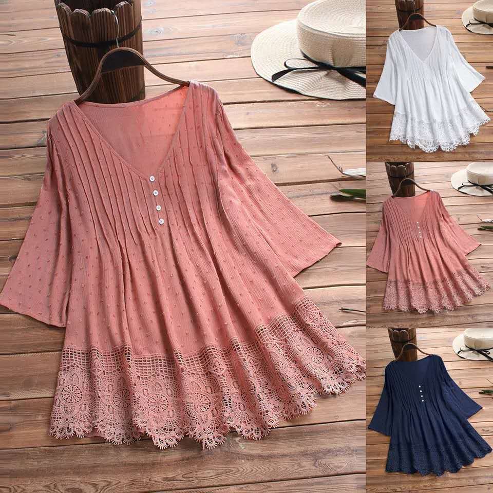 Women's Jacquard Pleated Lace Hollow Out V-neck Shirt - Chic Angle