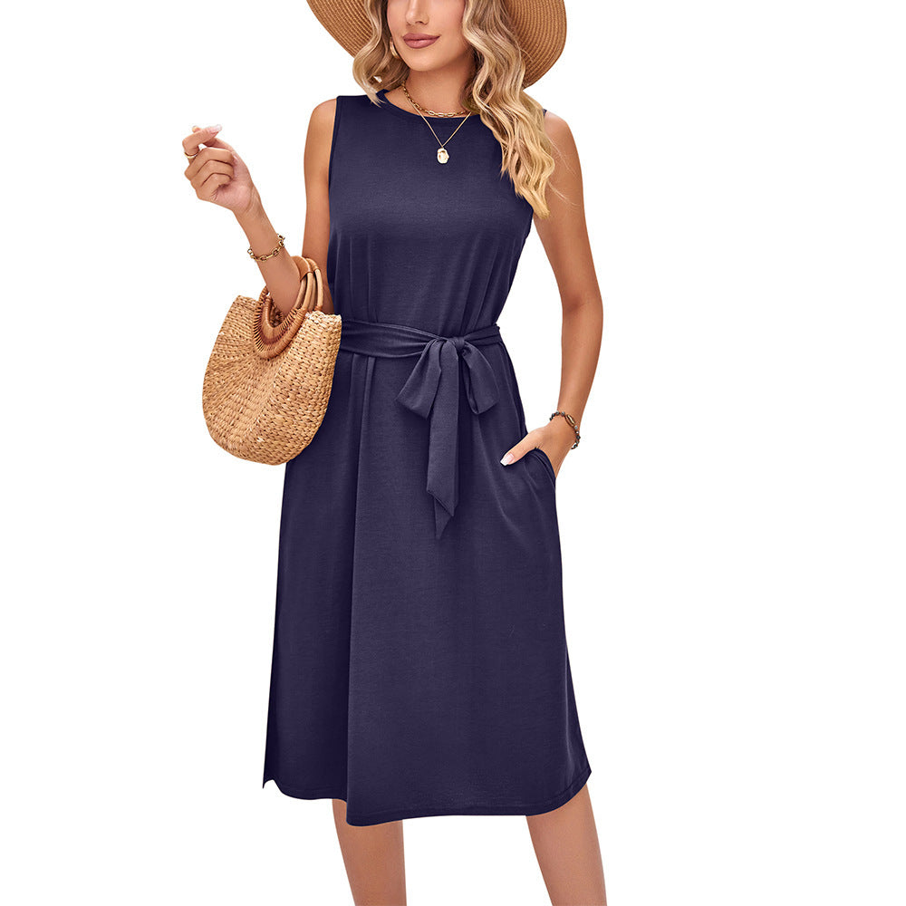 Summer Casual Sleeveless Vest Belt Midi Dress