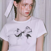 Special-interest Design 23 Summer Hot Girl Bow Round Neck Short Sleeve T-shirt Girl