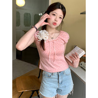 Slim-fit Crop-top Small Floral Flounce Trim Lace Up Short Sleeve