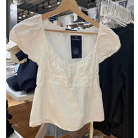 New French Style High Waist Ruffles U-Collar Cotton Top