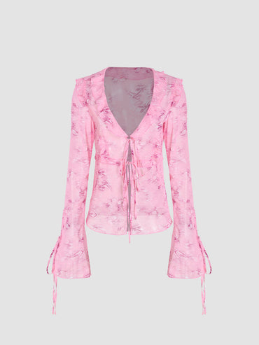 Strappy Lace V-neck Top  Chiffon Printed Dress Suit