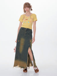 High Waist Mid-length Make Old Ripped Split Denim Skirt