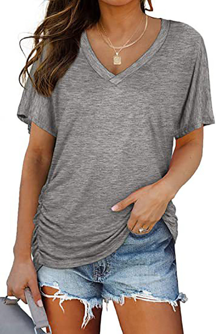 European And American T-shirt Solid Color Casual Loose-fitting V-neck Top - Chic Angle