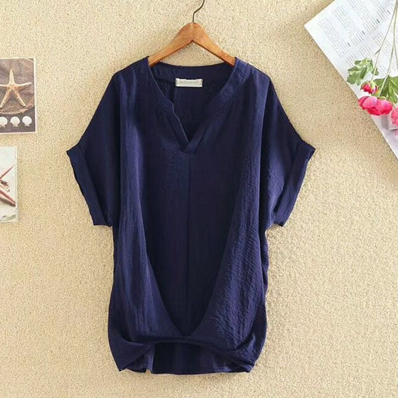 Solid Color And V-neck Batwing Sleeve Top Loose Slimming Cotton And Linen Shirt