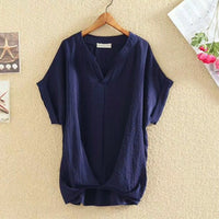 Solid Color And V-neck Batwing Sleeve Top Loose Slimming Cotton And Linen Shirt