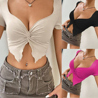 Women's Knitted Fabric Hot Girl Design Chest Twist Pleated Deep V Top - Chic Angle