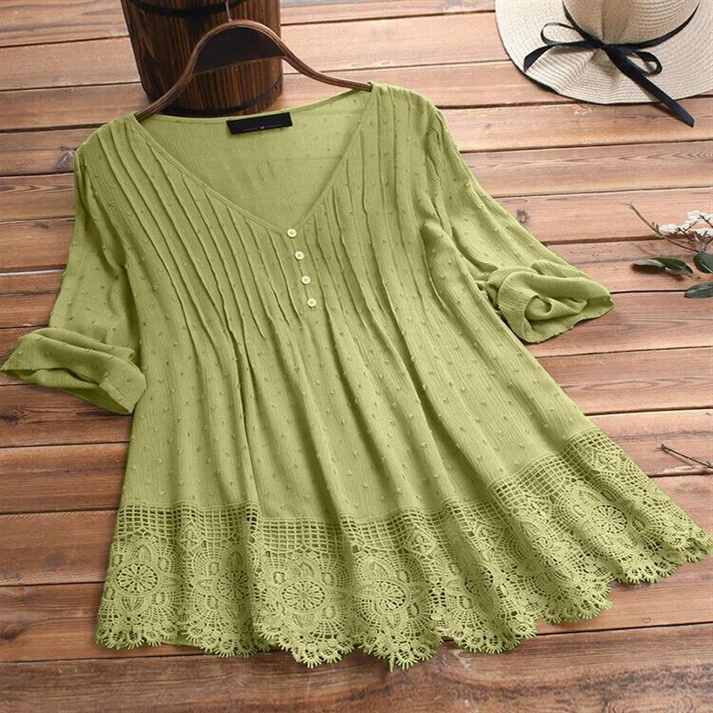 Women's Jacquard Pleated Lace Hollow Out V-neck Shirt - Chic Angle