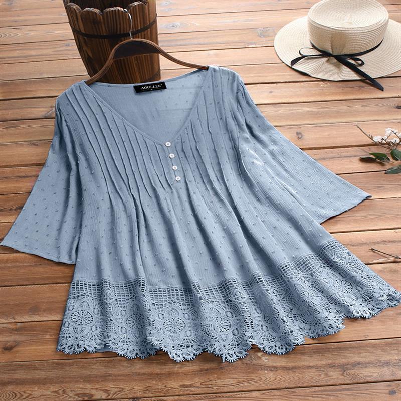Women's Jacquard Pleated Lace Hollow Out V-neck Shirt - Chic Angle