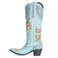 Flower Blue Chunky Heel Winter Pointed-toe Side Zip Round Head