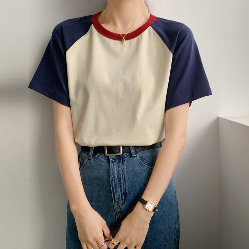 Retro Patchwork Contrast Color Round Neck Short Sleeve