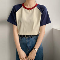 Retro Patchwork Contrast Color Round Neck Short Sleeve