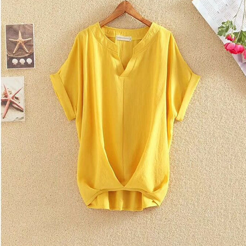 Solid Color And V-neck Batwing Sleeve Top Loose Slimming Cotton And Linen Shirt