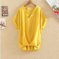 Solid Color And V-neck Batwing Sleeve Top Loose Slimming Cotton And Linen Shirt