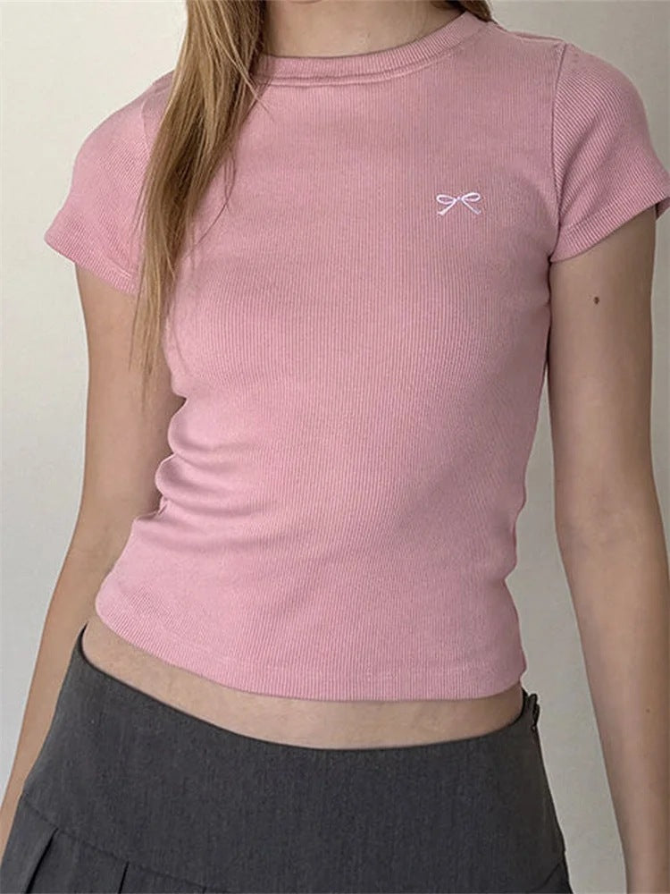 Round Neck Pullover Short Sleeve Butterfly Exquisite Embroidered Top - Chic Angle