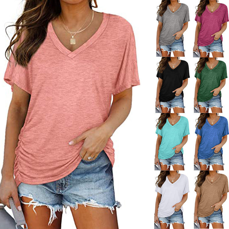 European And American T-shirt Solid Color Casual Loose-fitting V-neck Top - Chic Angle