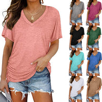 European And American T-shirt Solid Color Casual Loose-fitting V-neck Top - Chic Angle