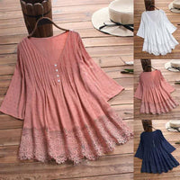 Women's Jacquard Pleated Lace Hollow Out V-neck Shirt - Chic Angle