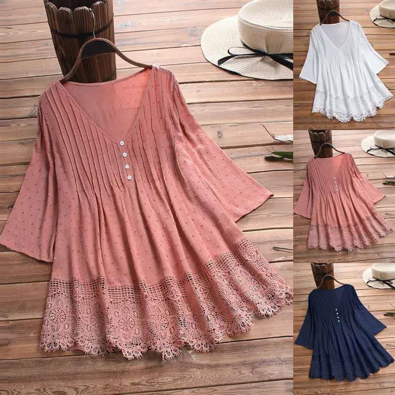 Women's Jacquard Pleated Lace Hollow Out V-neck Shirt - Chic Angle