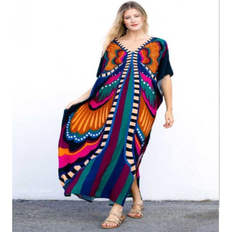 Rayon Printed Blooming Loose Vacation Robe Beach Dress Bikini Sun Protection Shirt