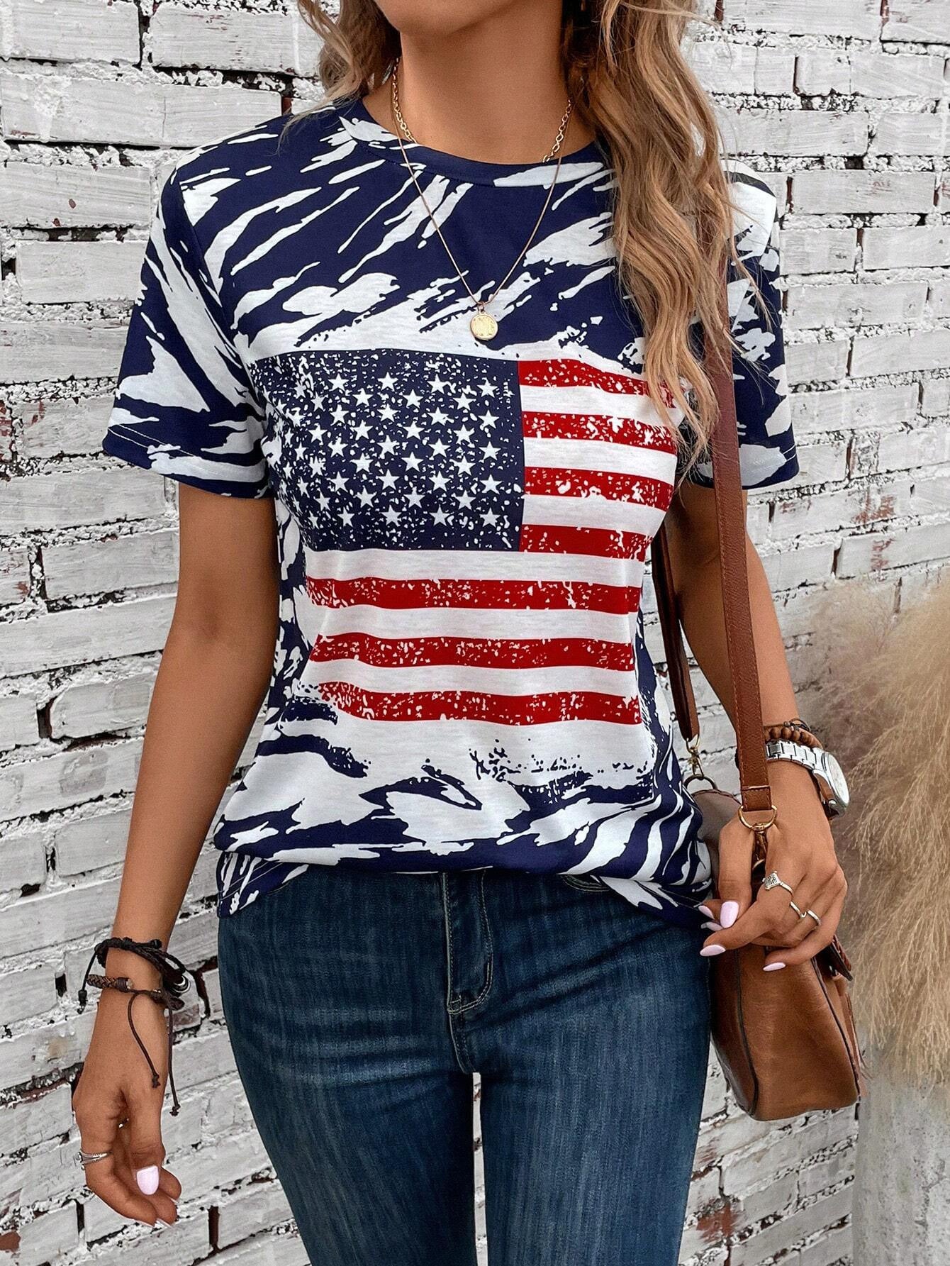 Flag Print T-shirt Crew Neck Casual - Chic Angle
