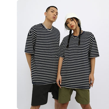 Combed Cotton Contrast Color Striped Loose Short Sleeve