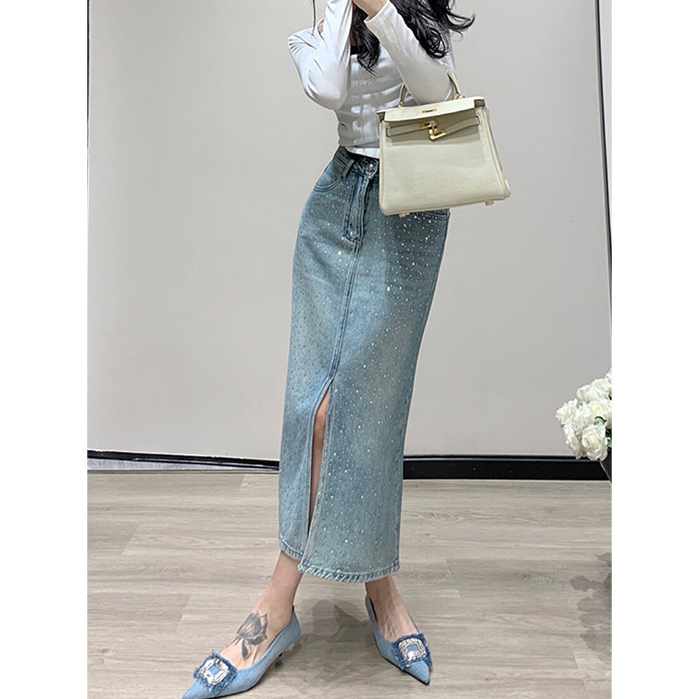 Women's Minimalist Hot Stamping Elastic Denim Skirt