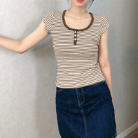 All-match Brown Striped Three-button Slim-fit Short-sleeved T-shirt