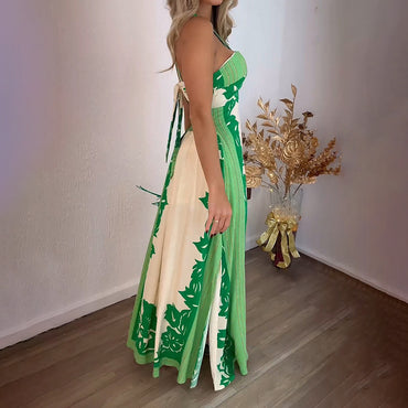 European And American Halter Dew Color Matching Fashion Vacation Beach Length Dress