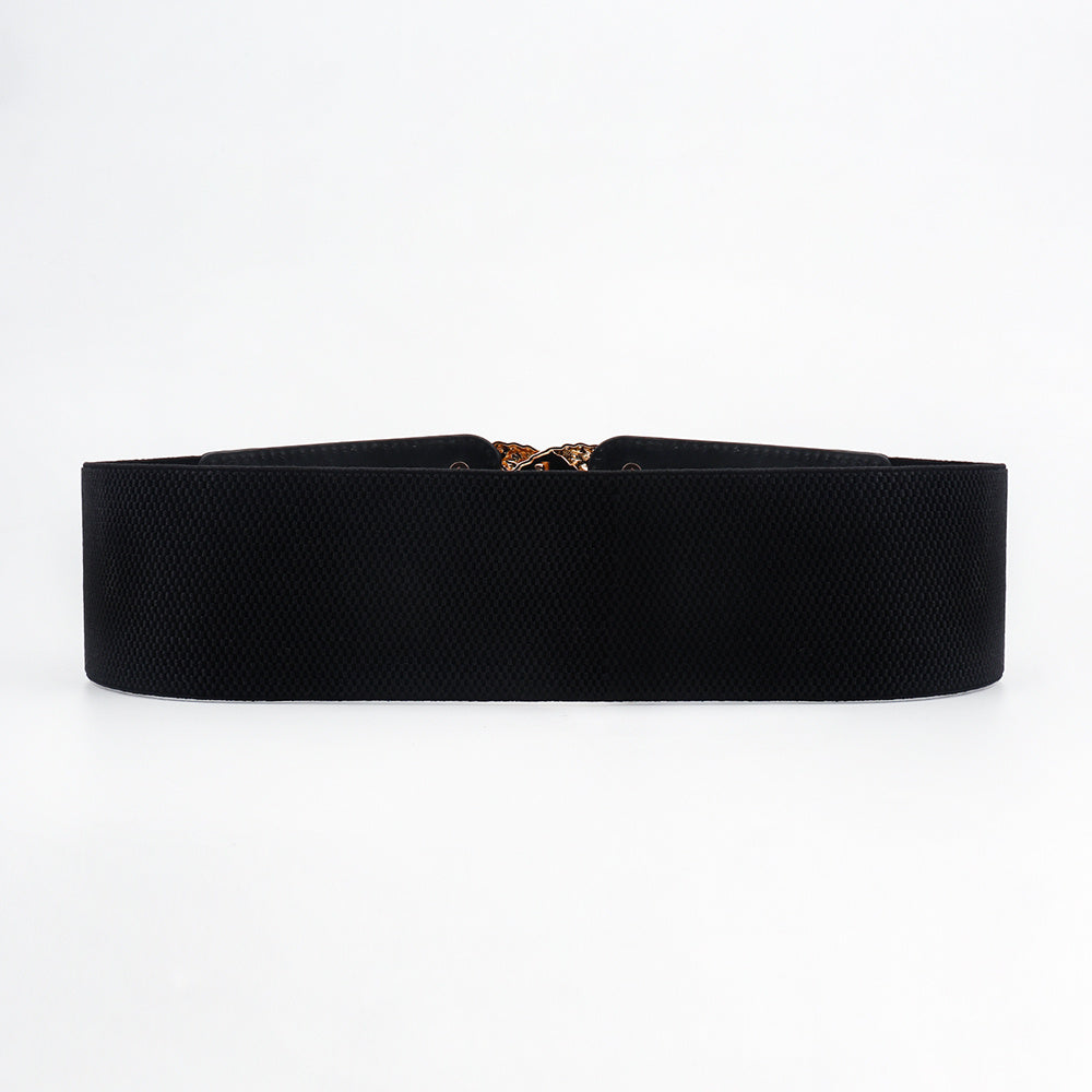 New Black Double Ring Fashion Elastic Belt Gold Metal Buckle Elastic Waist Wide Waist Seal Simple And Versatile