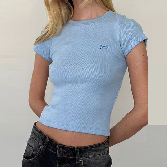 Round Neck Pullover Short Sleeve Butterfly Exquisite Embroidered Top - Chic Angle
