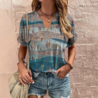 Female V-neck Casual Harajuku Striped Printed T-shirt