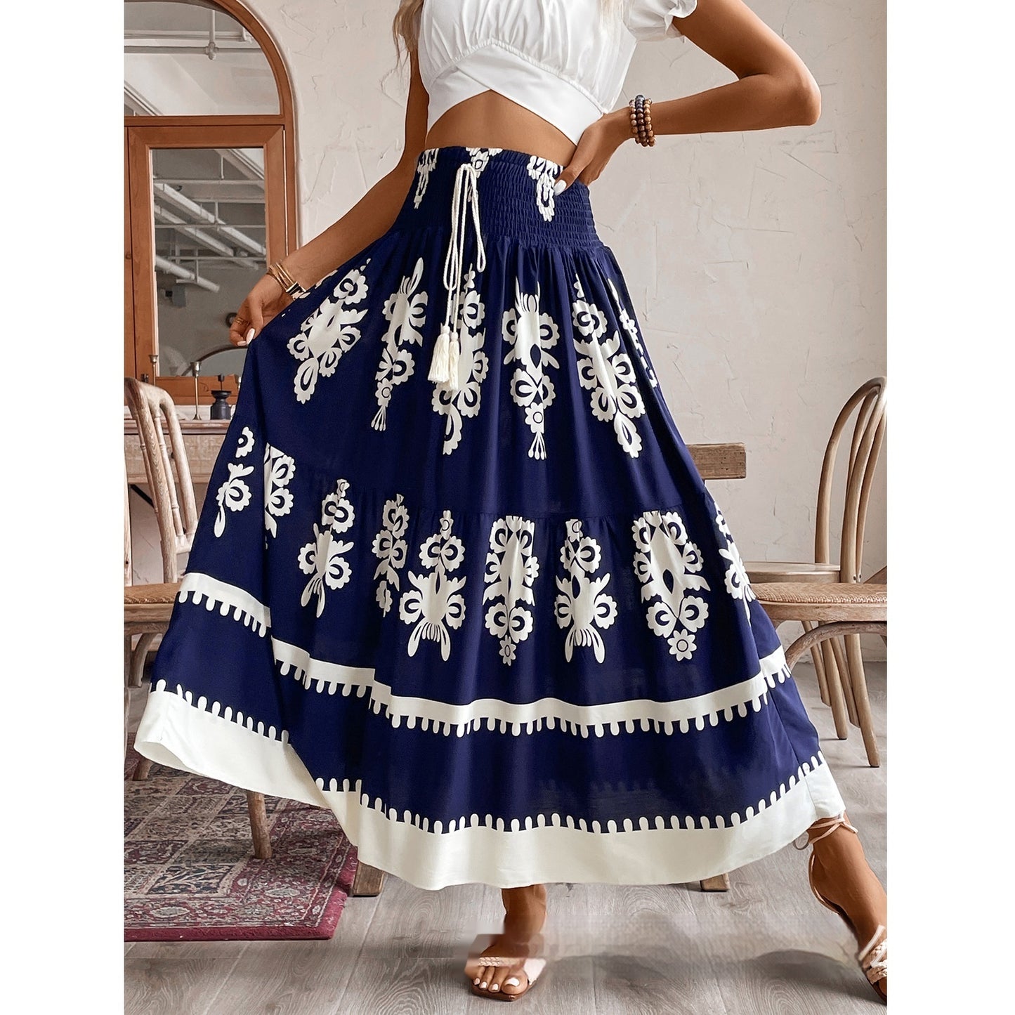Leisure Commute All-match Ethnic Style Positioning Printed Waist Smocking Skirt