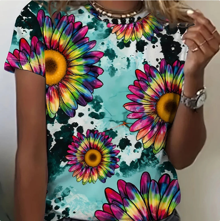 Round Neck Women's Cotton-like Short-sleeved Tie-dye T-shirt - Chic Angle