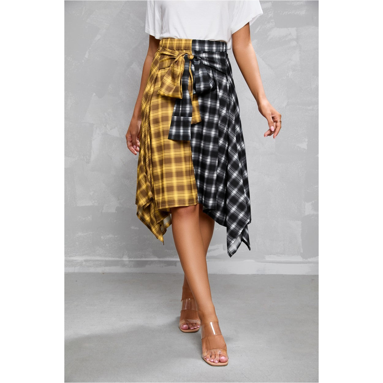 Elegant Irregular Lace-Up Check Midi Skirt