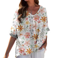 Printed V-neck 5 Points Drop-shoulder Sleeve Cotton And Linen Loose Casual Shirt