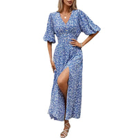 V-neck Lantern Sleeve Waist-tight Dress Seaside Vacation Bohemian Style