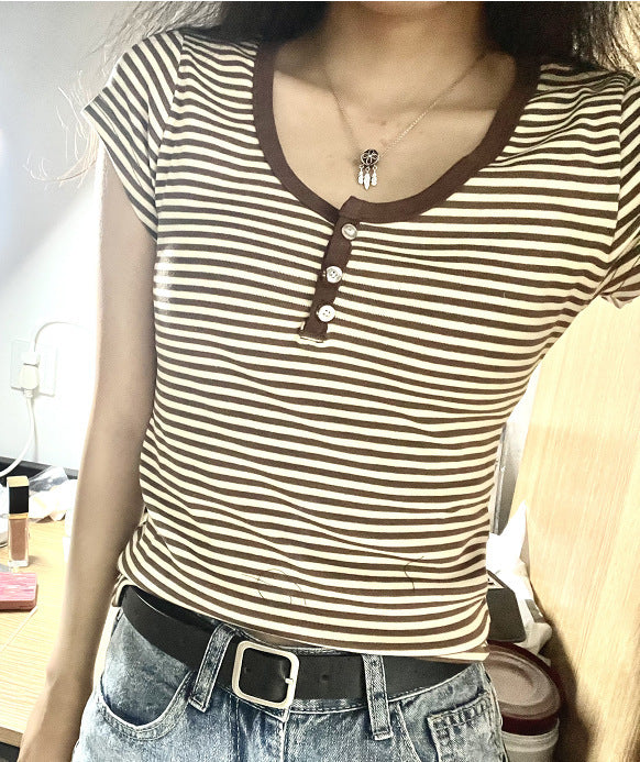 All-match Brown Striped Three-button Slim-fit Short-sleeved T-shirt