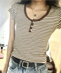 All-match Brown Striped Three-button Slim-fit Short-sleeved T-shirt