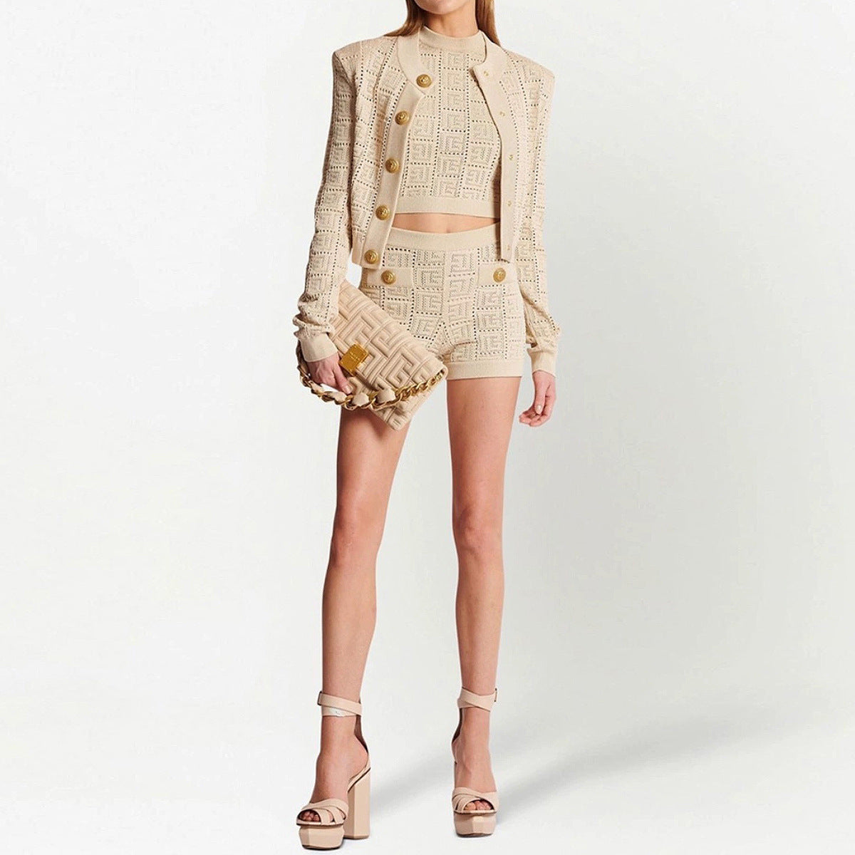 Long Sleeve Short Round Neck Hollow Out Knitwear Dress Vest Shorts