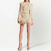 Long Sleeve Short Round Neck Hollow Out Knitwear Dress Vest Shorts