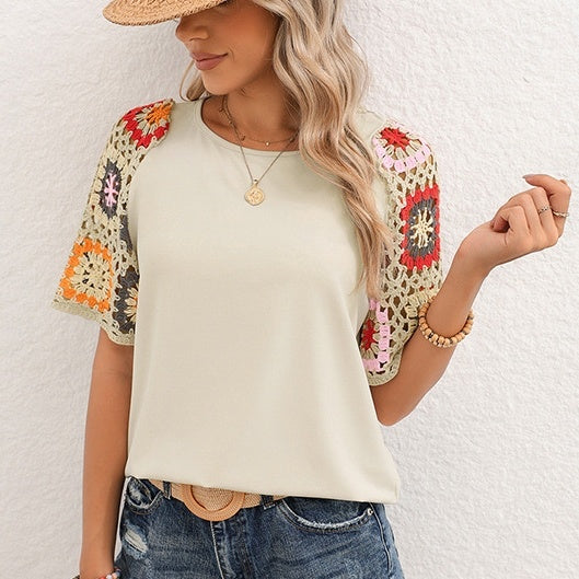 Casual All-match Crocheted Short-sleeved Top - Chic Angle